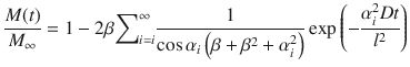 
$$ \frac{M(t)}{M_{\infty }}=1-2\beta {\displaystyle \sum}_{i= i}^{\infty}\frac{1}{ \cos {\alpha}_i\left(\beta +{\beta}^2+{\alpha}_i^2\right)} \exp \left(-\frac{\alpha_i^2 Dt}{l^2}\right) $$
