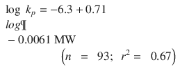 
$$ \begin{array}{l} \log\ {k}_p = -6.3+0.71\\log\P\\ {} - 0.0061\ \mathrm{MW}\ \\ {}\kern4.5em \left( n\kern0.5em =\kern0.5em 93;\kern0.5em {r}^2=\kern0.5em 0.67\right)\end{array} $$
