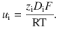 $$ {u}_{\mathrm{i}}=\frac{z_{\mathrm{i}}{D}_{\mathrm{i}} F}{\mathrm{RT}}. $$