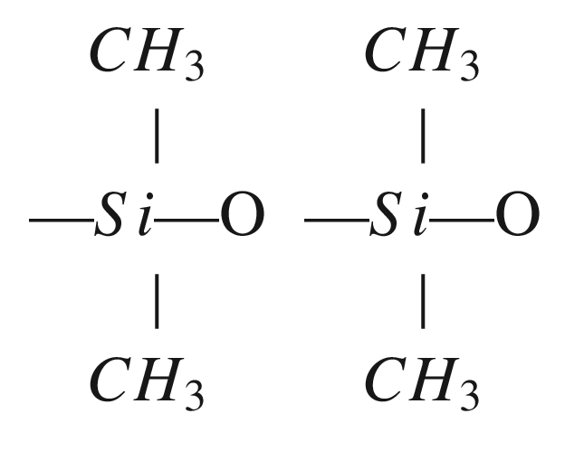 $$ {\displaystyle \begin{array}{cc}{CH}_3&amp; {CH}_3\\ {}\mid &amp; \mid \\ {}\hbox{---} Si\hbox{---} \mathrm{O}&amp; \hbox{---} Si\hbox{---} \mathrm{O}\\ {}\mid &amp; \mid \\ {}{CH}_3&amp; {CH}_3\end{array}} $$