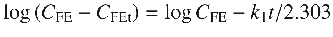 
$$ \log \left({C}_{\mathrm{FE}}-{C}_{\mathrm{FE}\mathrm{t}}\right)=\log {C}_{\mathrm{FE}}-{k}_1t/2.303 $$
