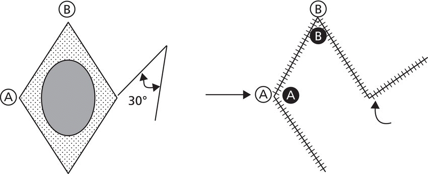 Schematic of the modifications of rhombic flaps, with a diamond shape containing a circle. The diamond is linked to a 30° angle. At the right is representation of the diamond with its bottom right side being flapped upward.