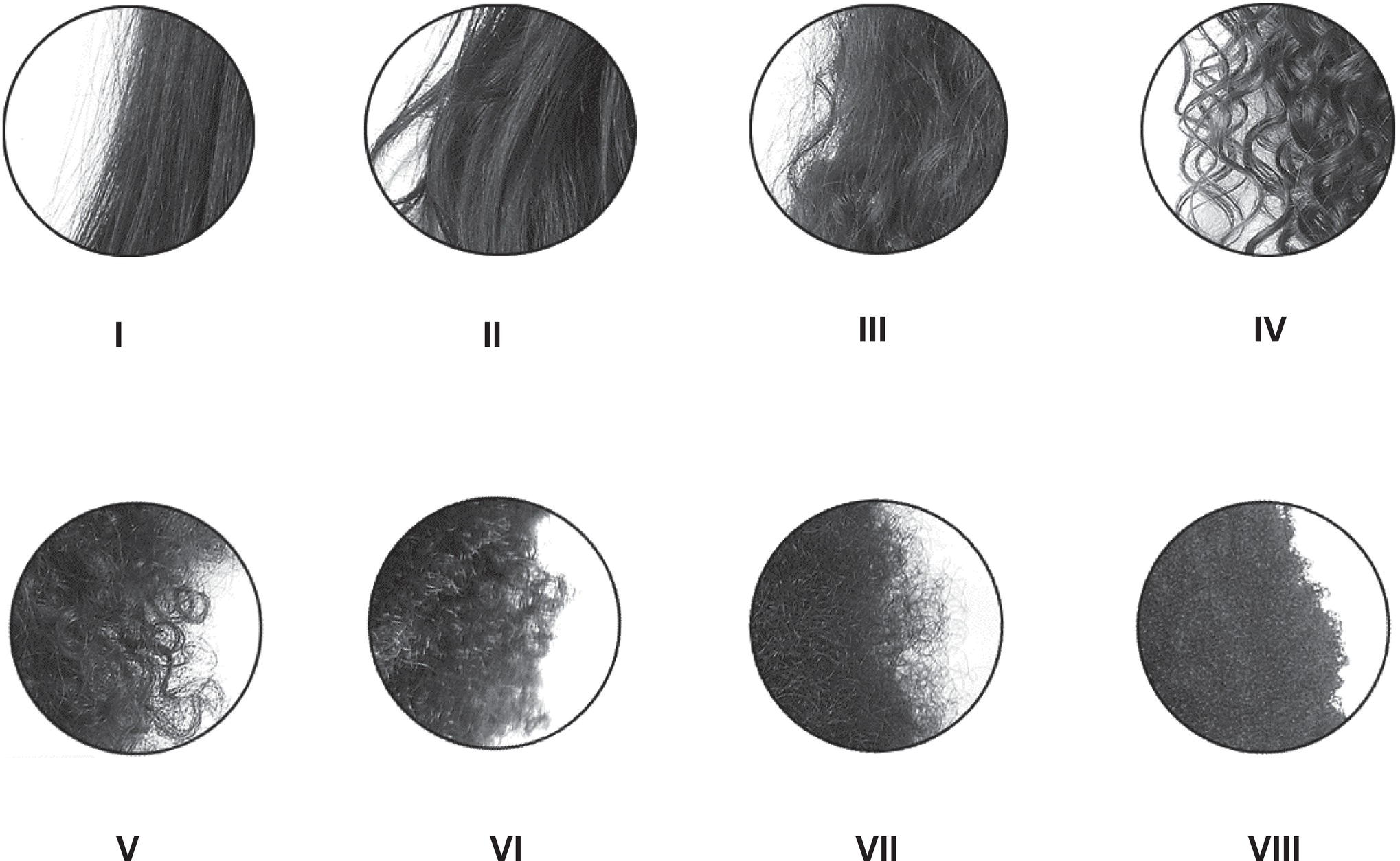 Schematic illustration of hair classification types to differentiate the degree of curl in hair.