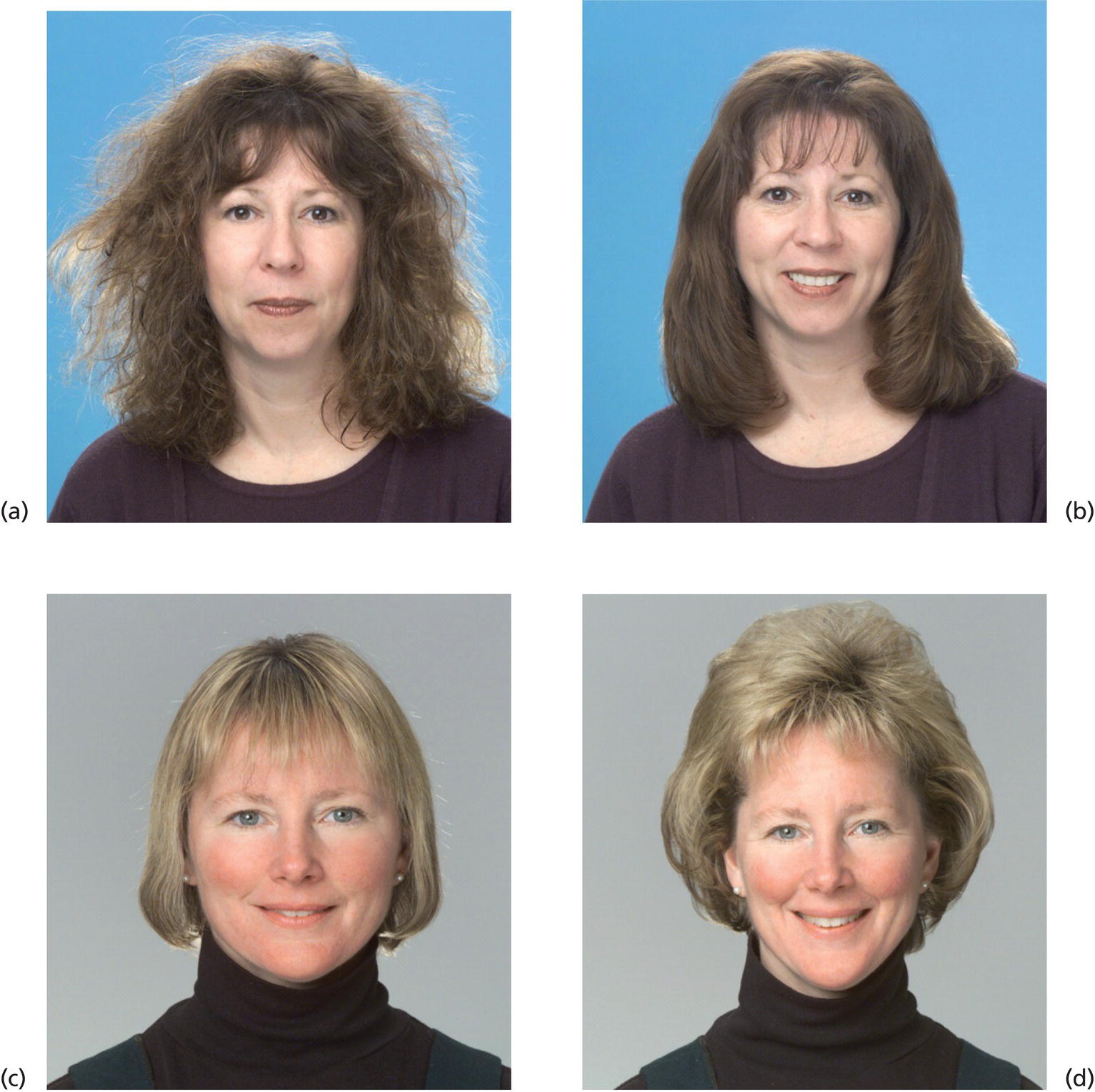 Schematic illustration of styling aids can provide improved appearance of hair volume and smoothness. (a) Frizzy unruly hair dried without styling aids. (b) Frizzy unruly hair smoothed with application of styling aids. (c) Fine/thin hair dried without styling aids. (d) Fine/thin hair volumized through the application of styling aids.