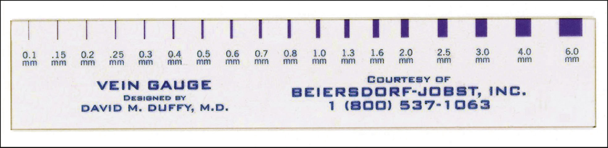A rectangular vein ruler with measurement markings in millimeters and labeled company text. The rectangular vein ruler is marked from 0 to 20 in millimeter increments along the top edge. Each number aligns with a square block positioned below the scale. Below the measurement line, text includes the label vein ruler and the company name Biersdorf Jobst, along with contact information.