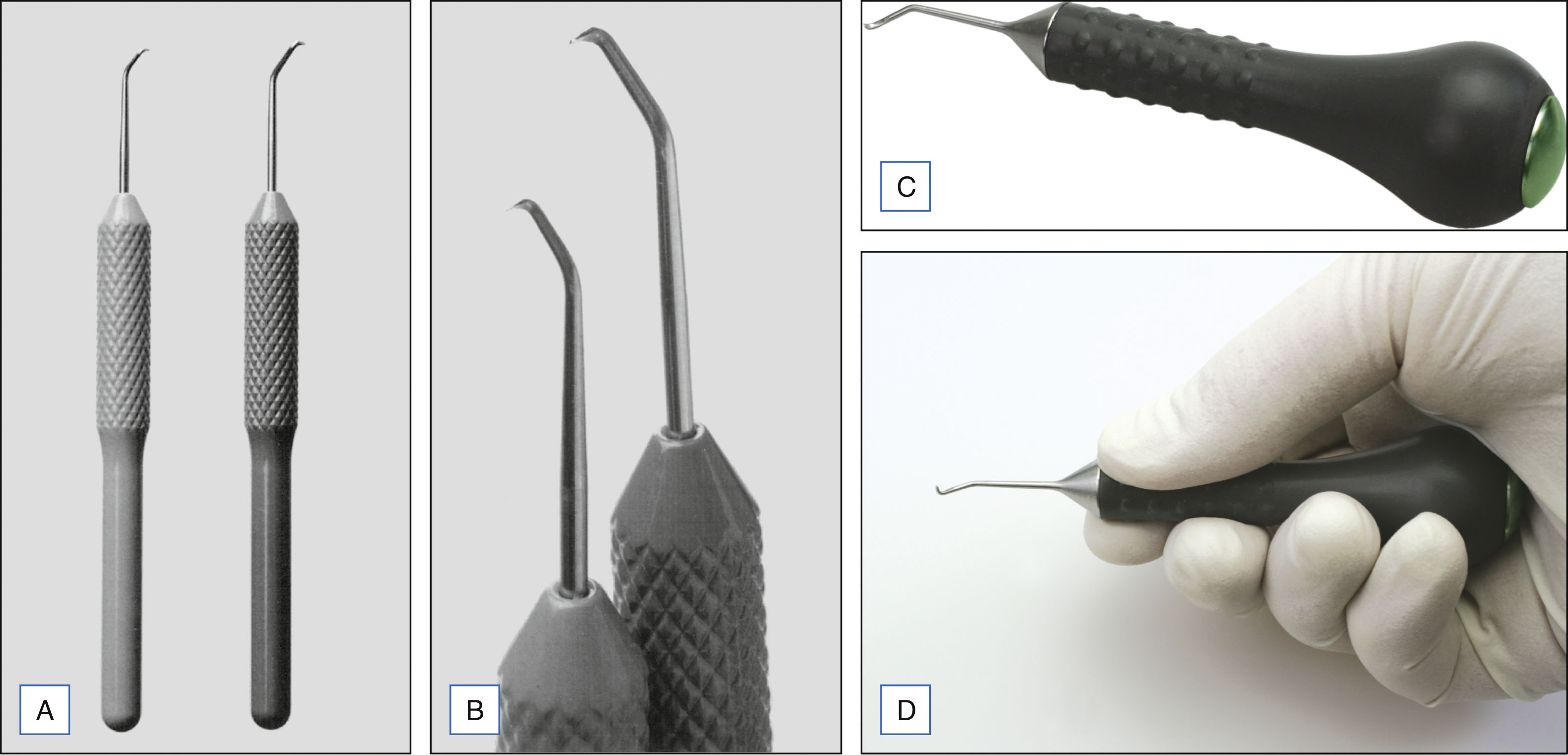 Four panels labeled A to D display traditional and new phlebectomy hooks by Ramelet, including close-up and handheld views. The four panels labeled A, B, C, and D display Ramelet phlebectomy hooks. Panel A shows two traditional hooks with slim shafts and differently angled tips. Panel B presents a single traditional hook with a textured grip and curved tip. Panel C displays a new hook design with a rounded ergonomic handle and a narrow hooked end. Panel D shows a gloved hand holding the new hook, emphasizing its contoured grip.