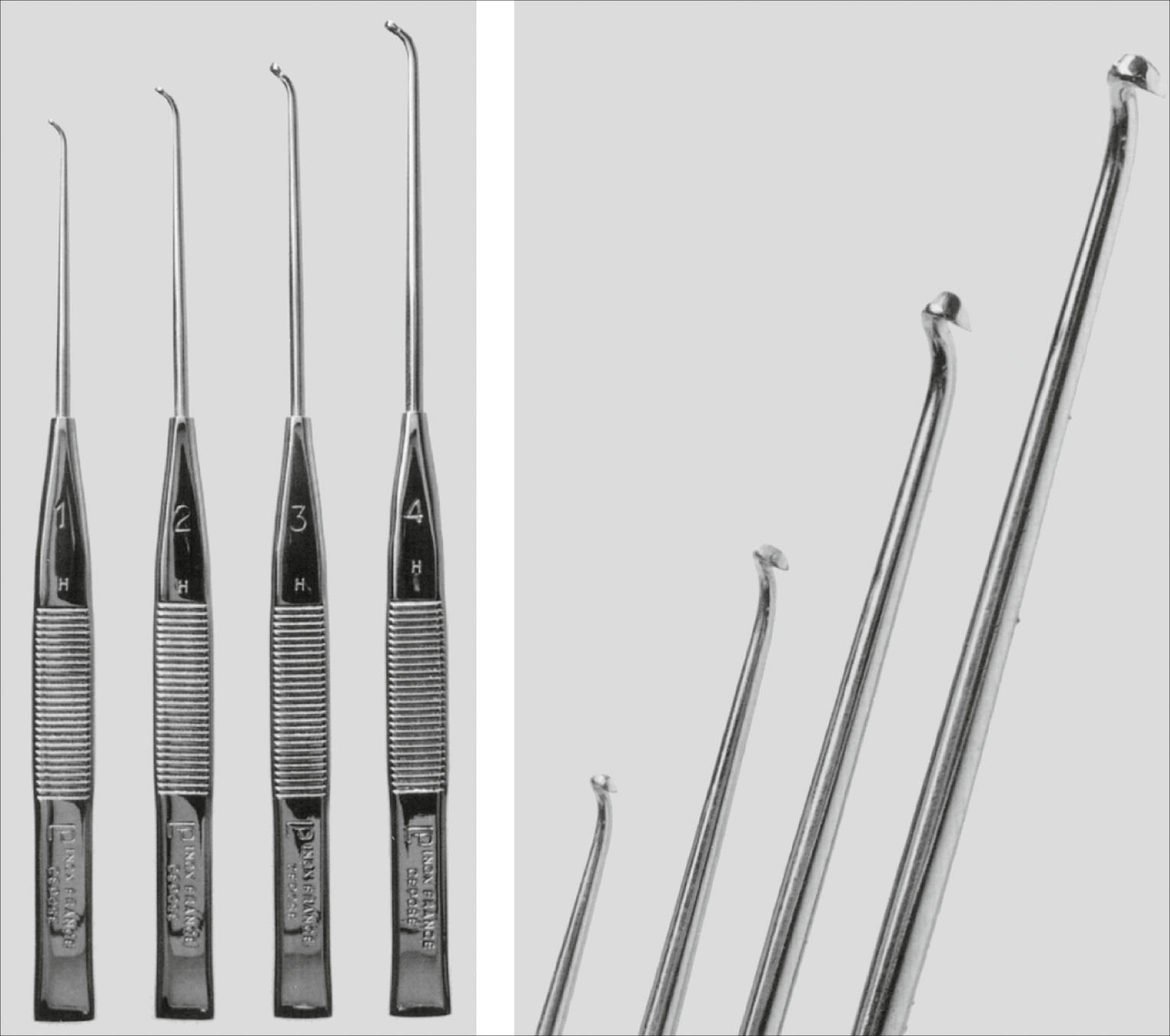 A set of eight surgical scalpel blades and handles in clinical diagram format. The set of eight surgical scalpel blades and handles presents various blade configurations and corresponding handles with different blade sizes, shapes, including pointed blades, curved blades, straight cutting edges, and specialized surgical handles demonstrating the complete range of precision cutting instruments used in medical and surgical procedures.
