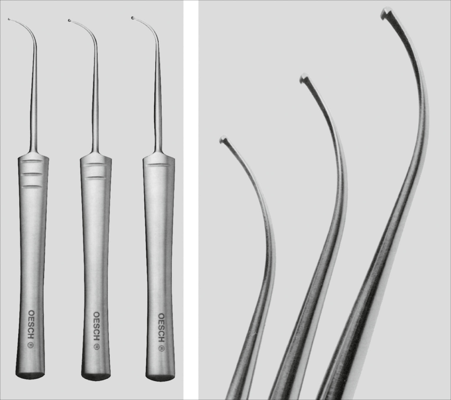A set of six Oesch phlebectomy hooks displays different handle shapes and curved hook tips arranged in two rows. The set of six Oesch phlebectomy hooks is arranged in two rows. The left row includes four hooks with cylindrical textured handles and short metal shafts, each ending in a different curved hook tip. The right row shows two hooks with longer, slender shafts and fine hook tips, differing in curvature and length. All instruments vary in handle type, shaft length, and hook angle. The tools are aligned side by side to show design differences among the phlebectomy hooks.