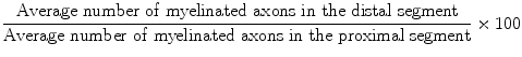 
$$ \frac{\mathrm{Average}\ \mathrm{number}\ \mathrm{of}\ \mathrm{myelinated}\ \mathrm{axons}\ \mathrm{in}\ \mathrm{the}\ \mathrm{distal}\ \mathrm{segment}}{\mathrm{Average}\ \mathrm{number}\ \mathrm{of}\ \mathrm{myelinated}\ \mathrm{axons}\ \mathrm{in}\ \mathrm{the}\ \mathrm{proximal}\ \mathrm{segment}}\times 100 $$
