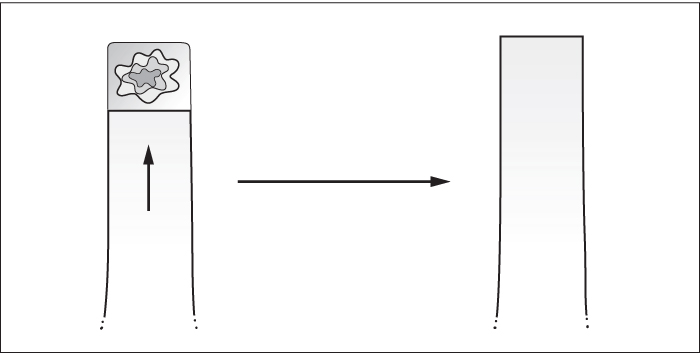 An illustration presenting two rectangles. Left, arrow points to defect at tip of the rectangle. Right, plain rectangle. Right arrow appears in-between rectangles.