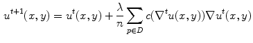 $$\begin{aligned} u^{t+1}(x,y)=u^{t}(x,y)+\frac{\lambda }{n}\sum _{p\in D} {c(\nabla ^{t}u(x,y))\nabla u^{t}(x,y)} \end{aligned}$$