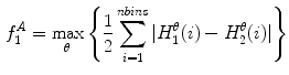 $$\begin{aligned} f_1^A = \max _\theta \left\{ \frac{1}{2} \sum _{i=1}^{nbins} |H_1^\theta (i) - H_2^\theta (i)| \right\} \end{aligned}$$