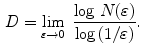 $$\begin{aligned} \displaystyle D = \lim _{\varepsilon \rightarrow 0} \; \frac{\log \, N(\varepsilon )}{\log \, (1/\varepsilon ) } . \end{aligned}$$