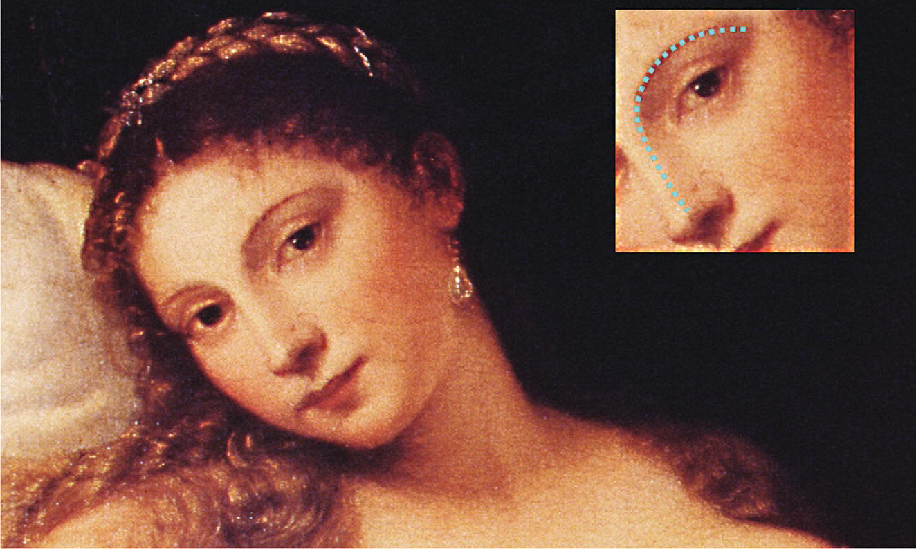 A photograph of a woman with flowing hair, adorned with a gold headband and earrings. An inset shows a closer view of her eye, with dotted lines outlining the eyebrow shape.