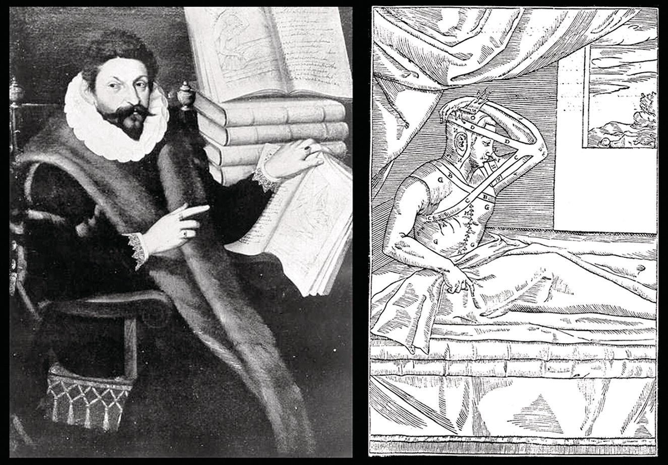 Two panels: the left shows a man in a fur coat holding rolled-up documents while seated in a chair, and the right depicts an engraving of a seated figure wearing a strange helmet, observing a scene through a window.