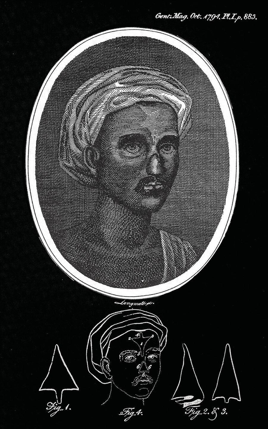 A poster shows a man with short hair, depicted in an oval frame. Below, two arrows and a smaller portrait of the same figure are shown in a detailed illustration.