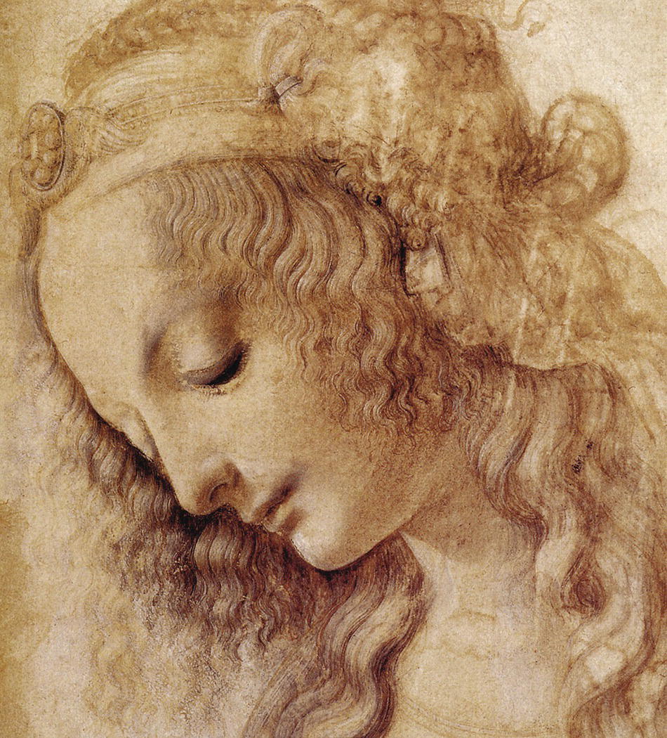 A portrait image titled "Woman's Head" by Leonardo da Vinci. It emphasizes the inferior border of the mandible, highlighting its significance in defining the aesthetic boundary between the face and neck.