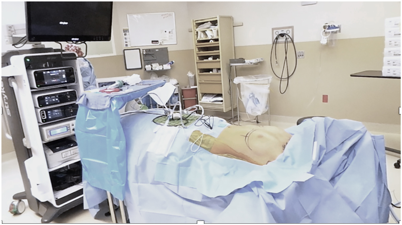 A photograph shows a patient positioned with arms out in an operating room. An endoscopic tower is at the foot of the operating room bed.